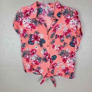 Moral Fiber Apricot Tropical Floral Button Front Waist Tie Cap Sleeve Top M